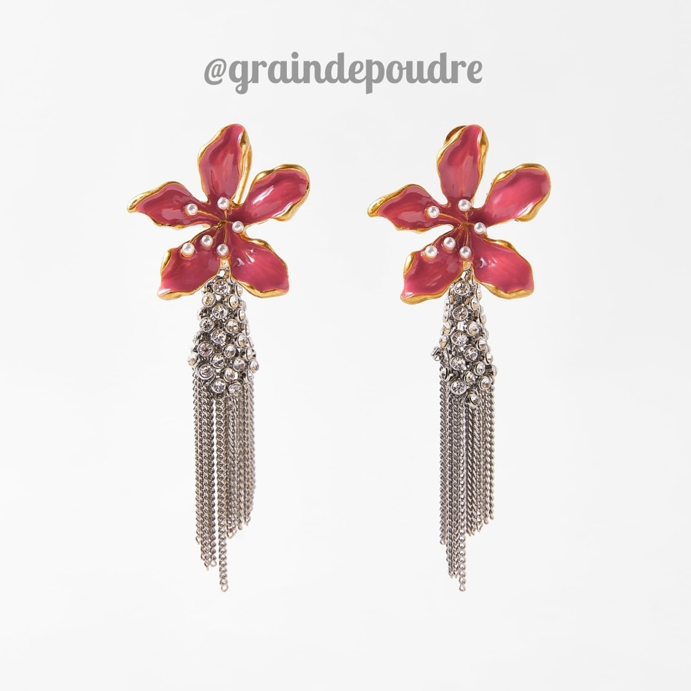 Rare! Zara Pink Enamel Flower Rhinestone Fringe Mixed Media Chandelier Earrings